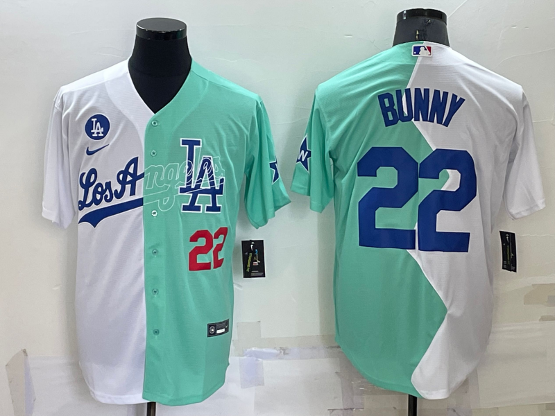 Men's Los Angeles Dodgers #22 Bad Bunny 2022 All-Star White/Green Cool Base Stitched Baseball Jersey Men's Los Angeles Dodgers #22 Bad Bunny 2022 All-Star White/Green Cool Base Stitched Baseball Jersey